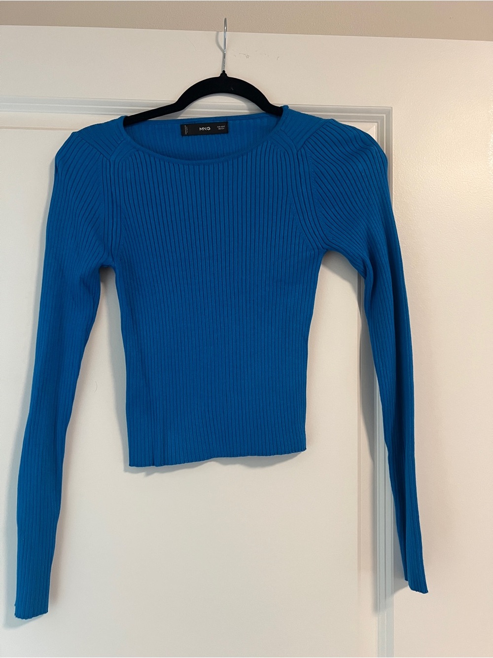 Mango Stretch Ribbed Long Sleeve Top in Blue